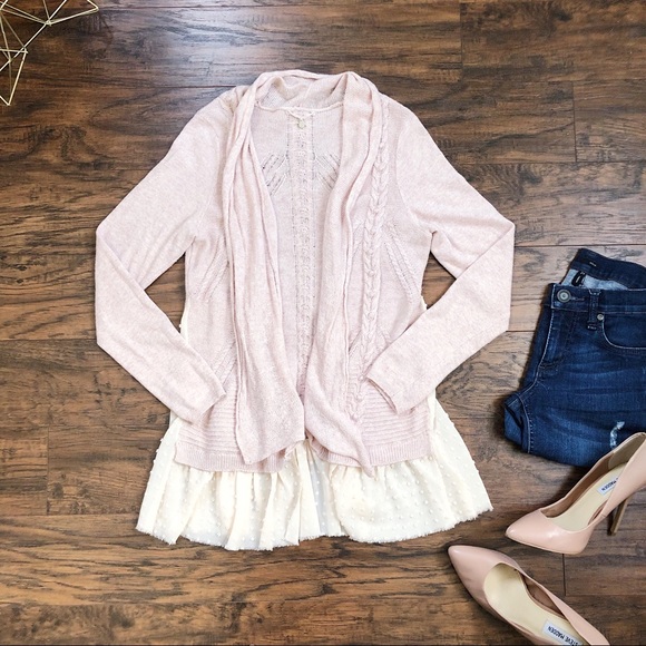 Knitted & Knotted • Anthro Ismare Cabled Cardi pink cardigan sweater ruffle
